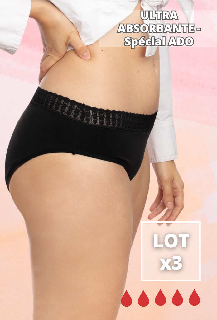 LOT de 3 - Culottes Menstruelles ULTRA ABSORBANTES Spéciales ADO en POLYAMIDE RECYCLE