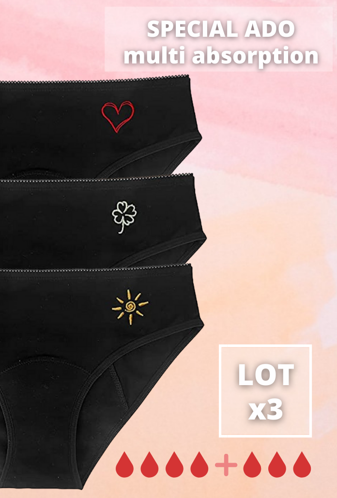 LOT x3 Culottes Menstruelles Brodées pour ADO en coton BIO
