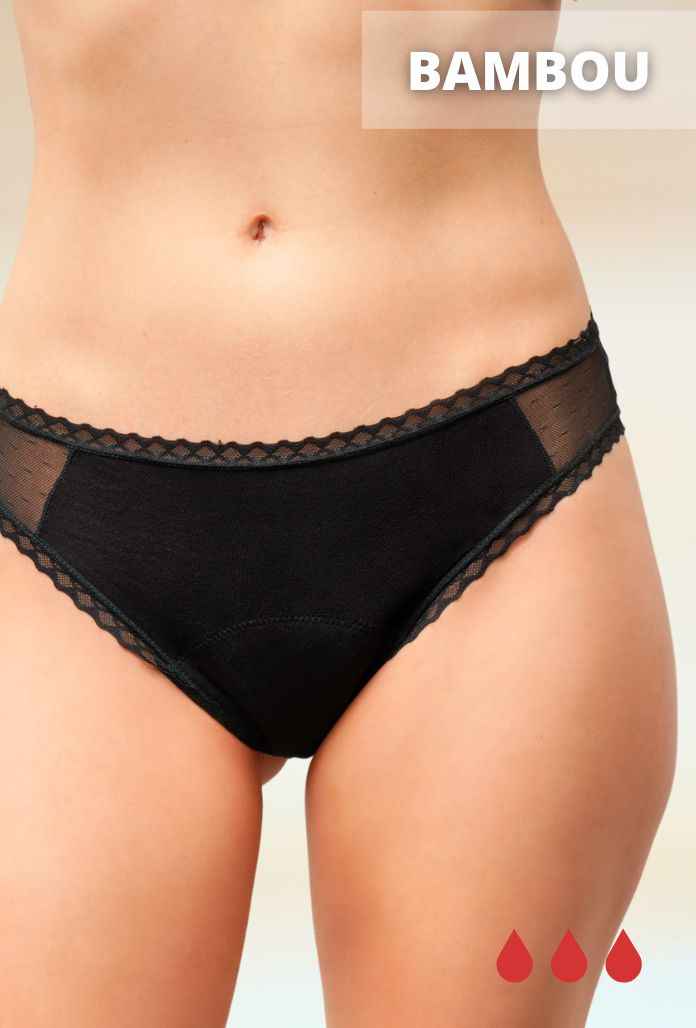 Culotte Menstruelle Taille Basse ESSENTIEL BAMBOU et TULLE - NOIR